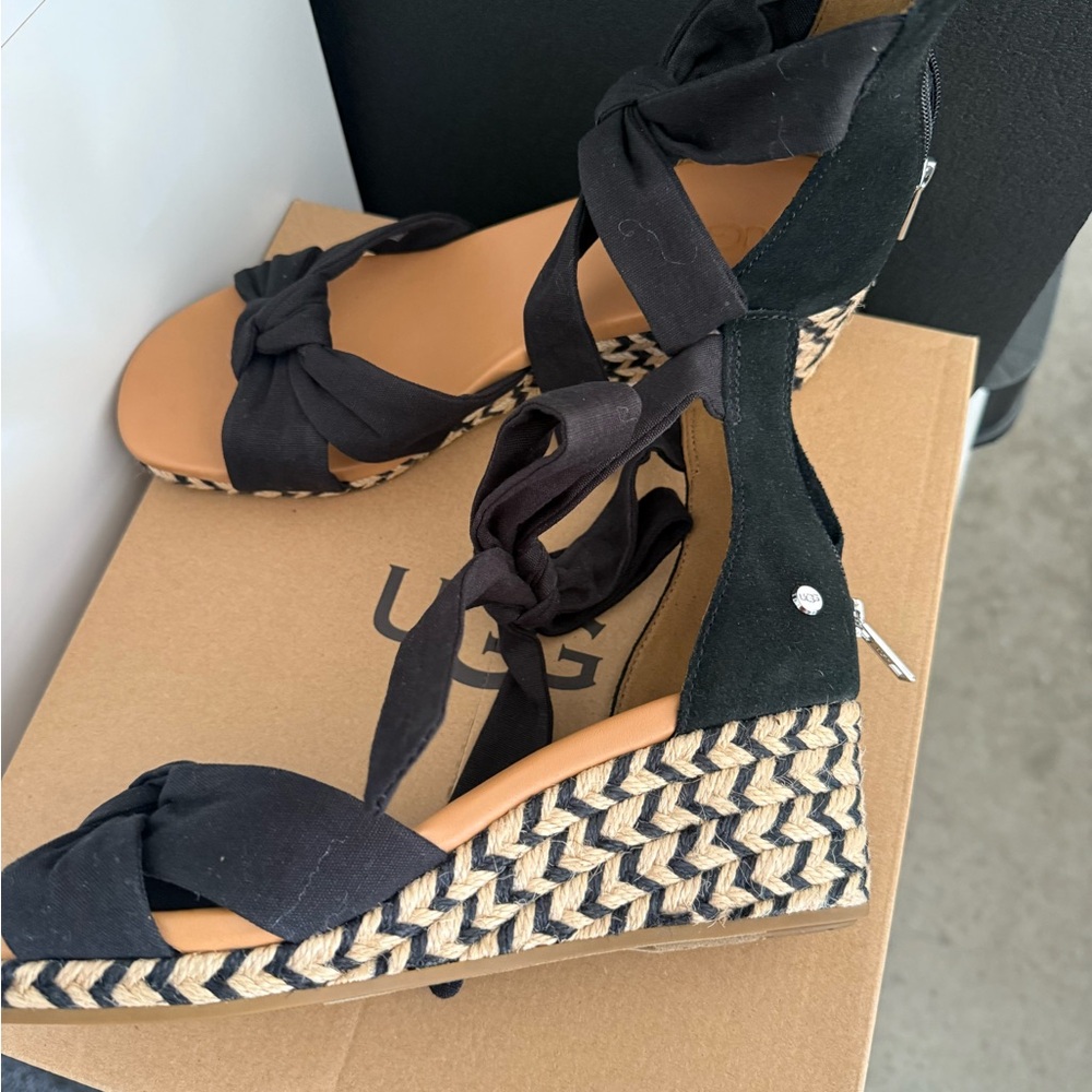 UGG Black and Tan Wedge Sandals NIB
